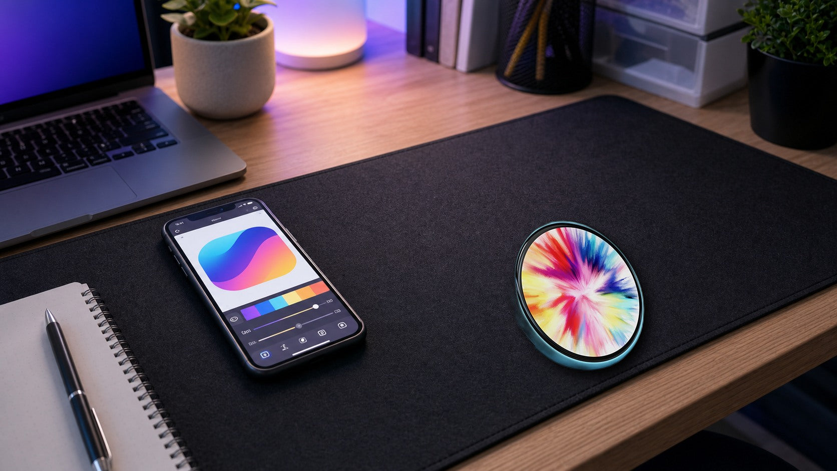 Beambox app syncing a colorful design to a Beambox e-BADGE nano on a desk