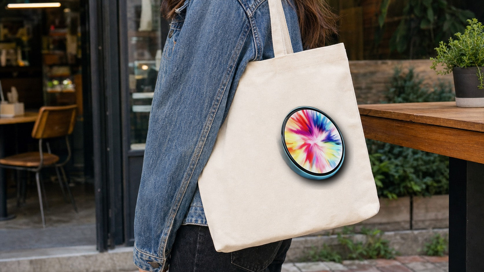 Beambox e-BADGE nano pinned to a canvas tote bag for lightweight everyday carry