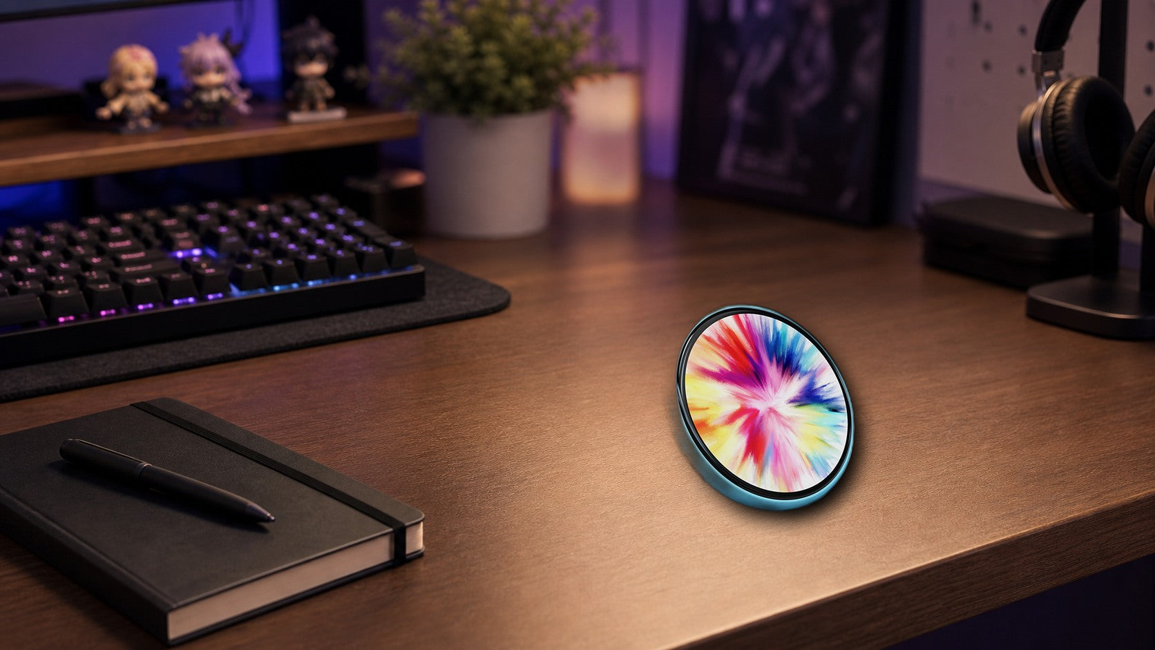 Beambox e-BADGE nano on a creator desk setup as a collectible display accessory