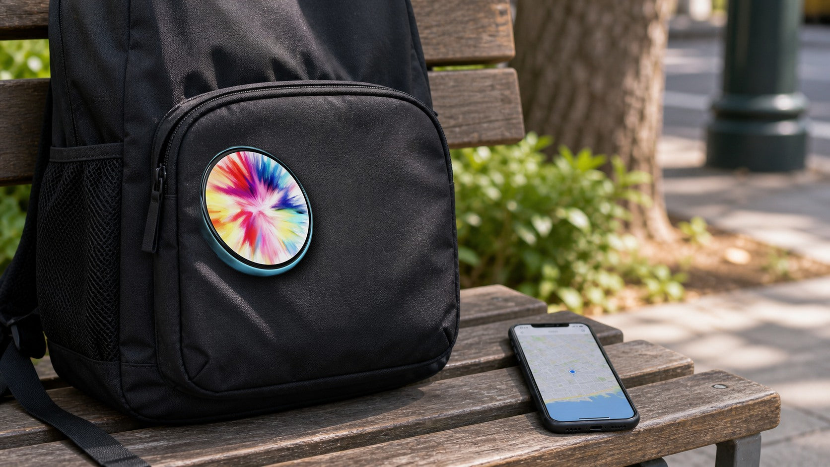 Beambox e-BADGE nano tracking scene with backpack and phone map interface