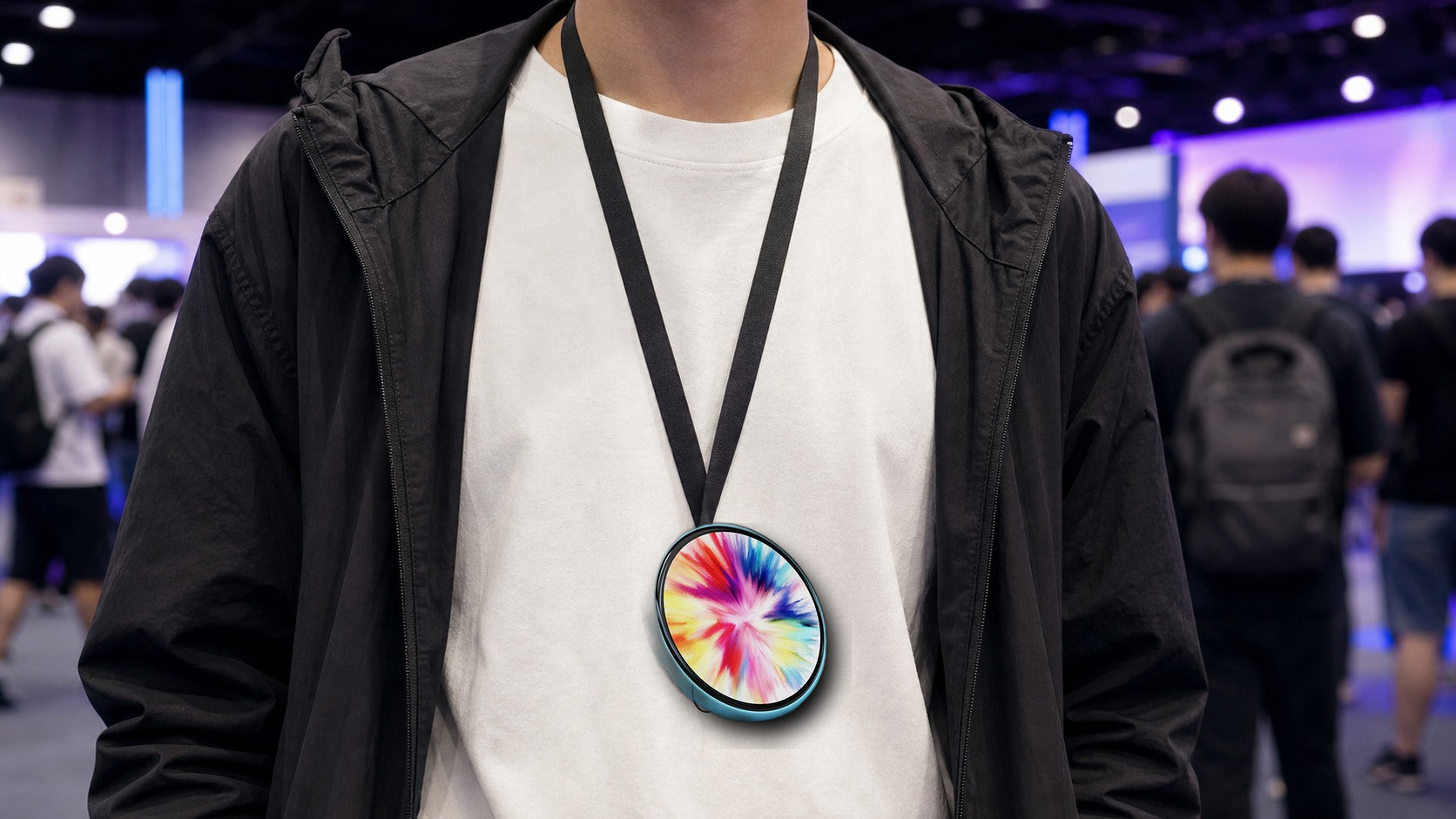 Beambox e-BADGE nano worn on a lanyard at a creator event