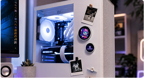 Beambox e-badges on a gaming desk setup